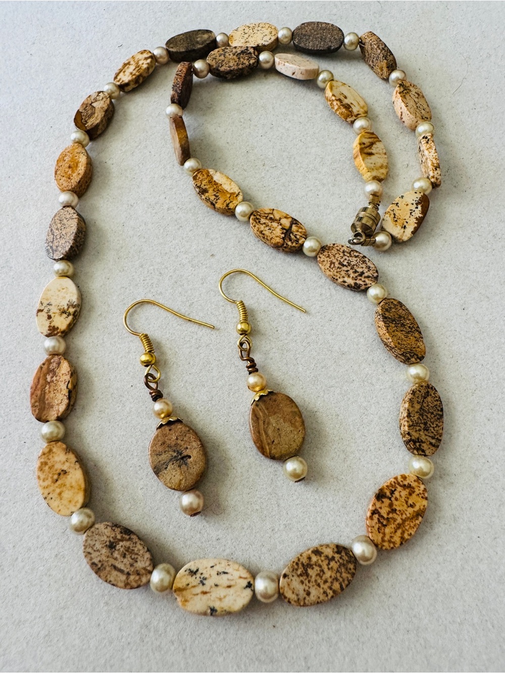 Picture Jasper & Pearl Necklace 20.5” w/ Matching Pierced Earrings